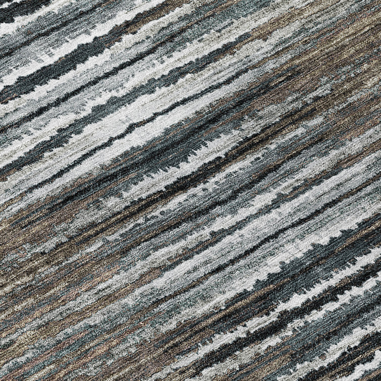 Rectangular Gray and White Synthetic Striped Indoor/Outdoor Rug