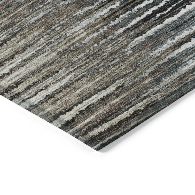 Rectangular Gray and White Synthetic Striped Indoor/Outdoor Rug