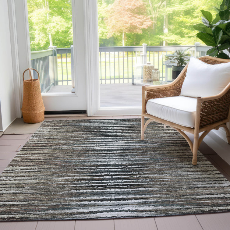 Rectangular Gray and White Synthetic Striped Indoor/Outdoor Rug