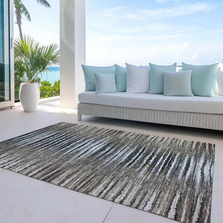 Rectangular Gray and White Synthetic Striped Indoor/Outdoor Rug