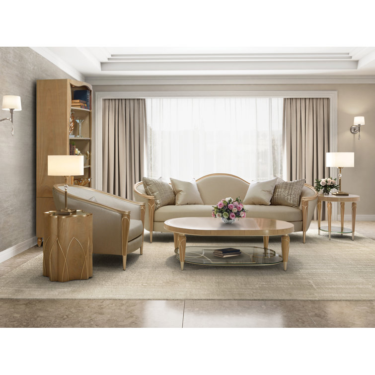 Pearl and Caramel Linen Upholstered Curved Arm Sofa