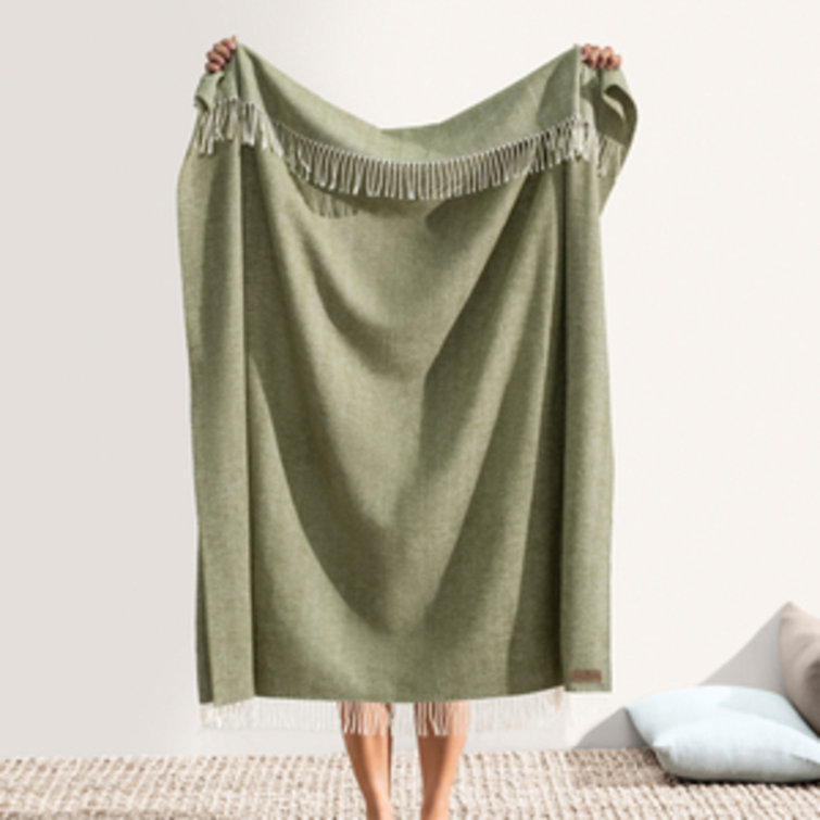 Olive Green Herringbone Wool Blend Throw Blanket