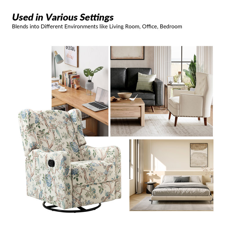 Floral Polyester Swivel Glider Recliner with Metal Frame