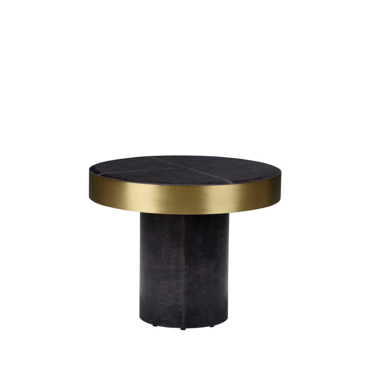 Round Steel Gray Leather and Brass Coffee Table