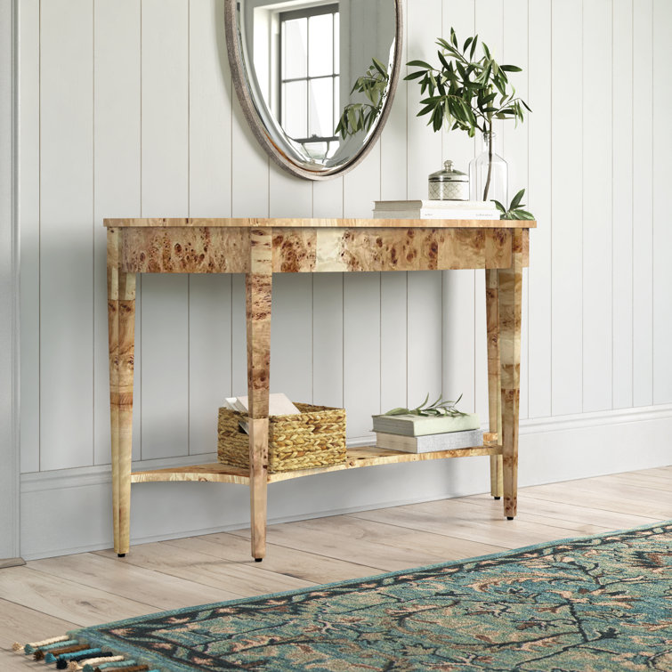 Light Burl Wood Demilune Console Table with Storage Shelf