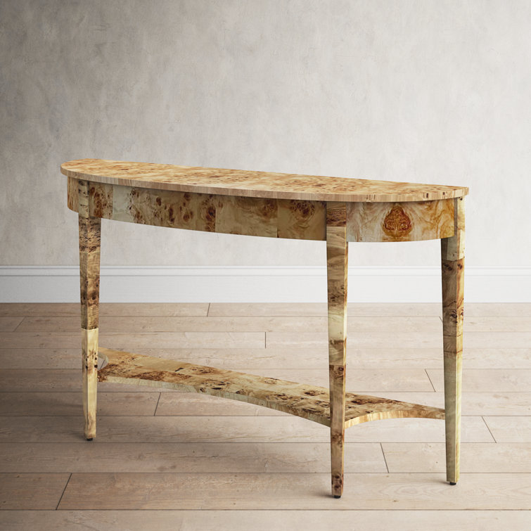 Light Burl Wood Demilune Console Table with Storage Shelf