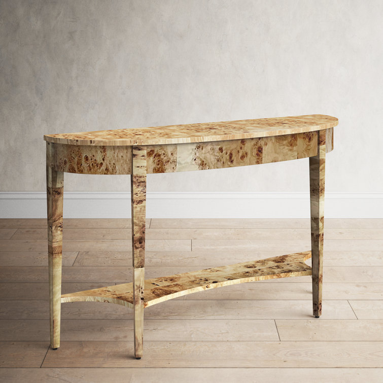 Light Burl Wood Demilune Console Table with Storage Shelf