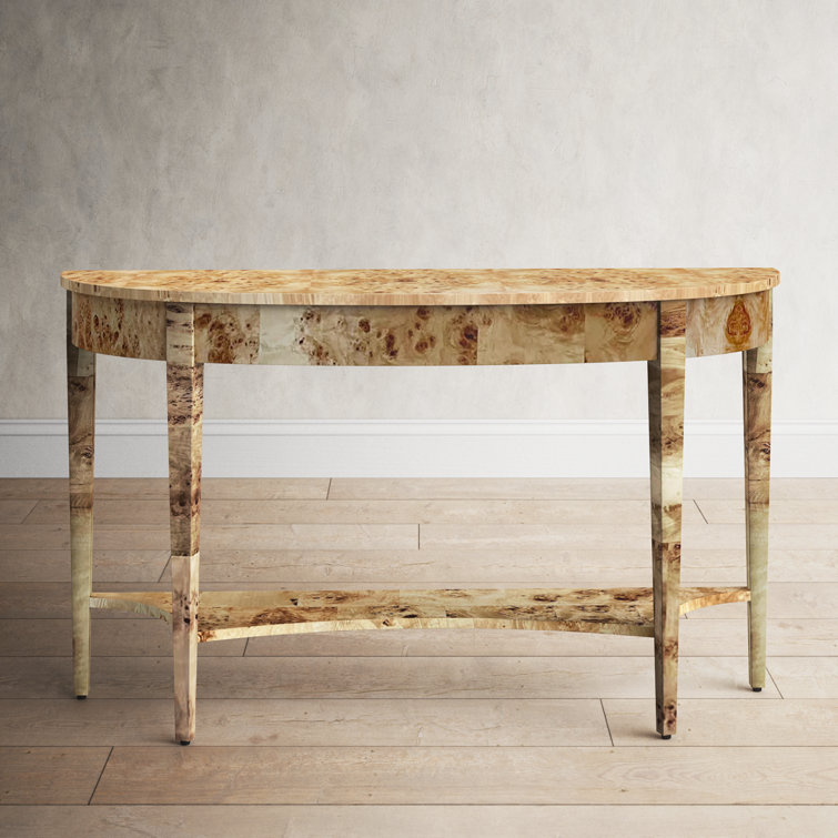 Light Burl Wood Demilune Console Table with Storage Shelf