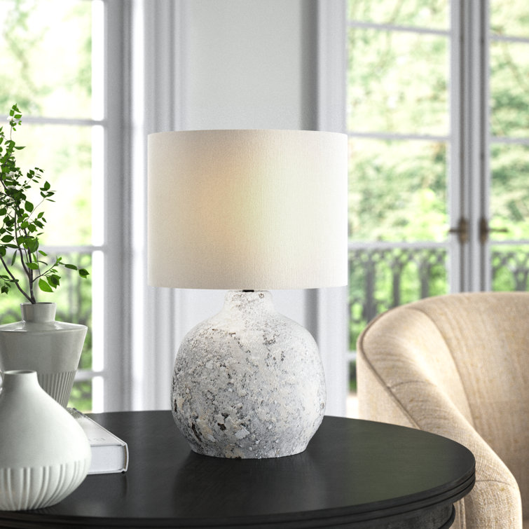 Gray and White Distressed Ceramic Table Lamp with Drum Shade