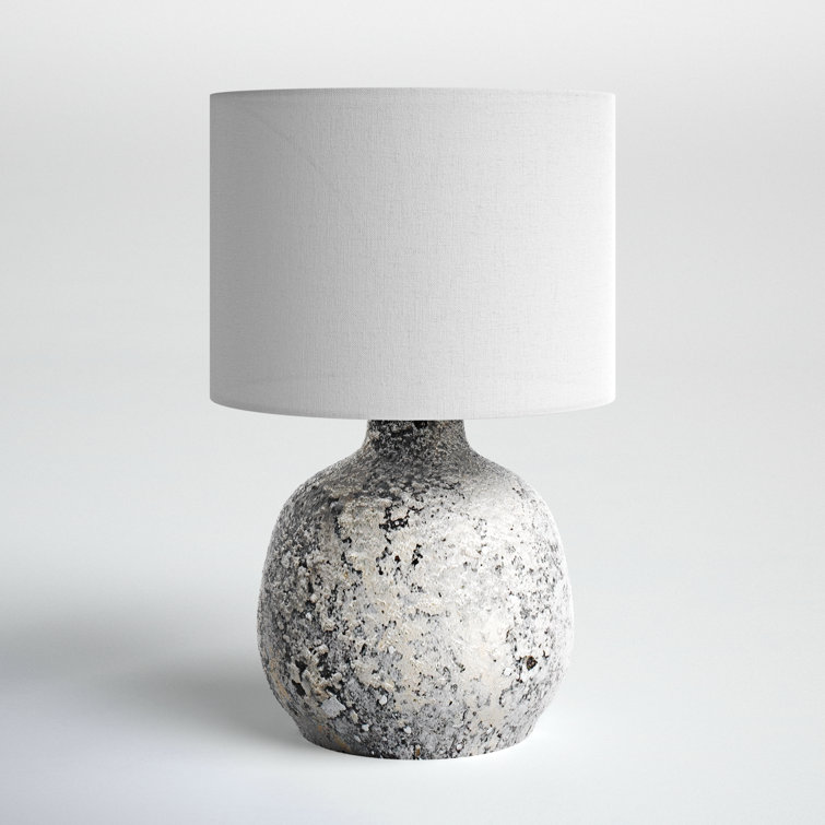 Gray and White Distressed Ceramic Table Lamp with Drum Shade