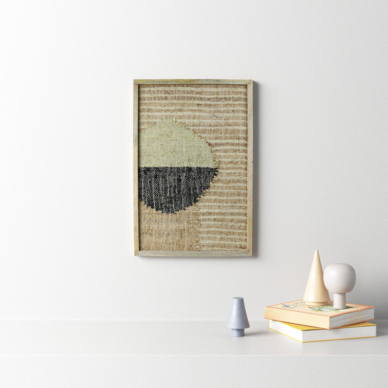24'' Beige and Black Cotton Hemp Wall Art with Mango Wood Frame