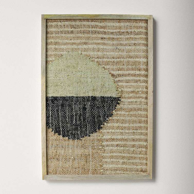 24'' Beige and Black Cotton Hemp Wall Art with Mango Wood Frame