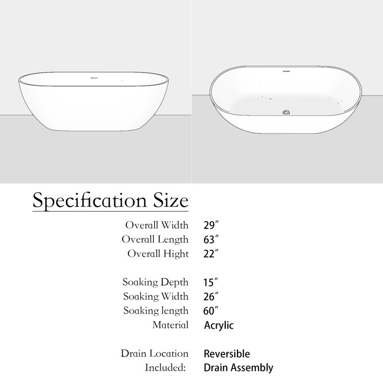 63'' White Acrylic Freestanding Soaking Bathtub with Center Drain