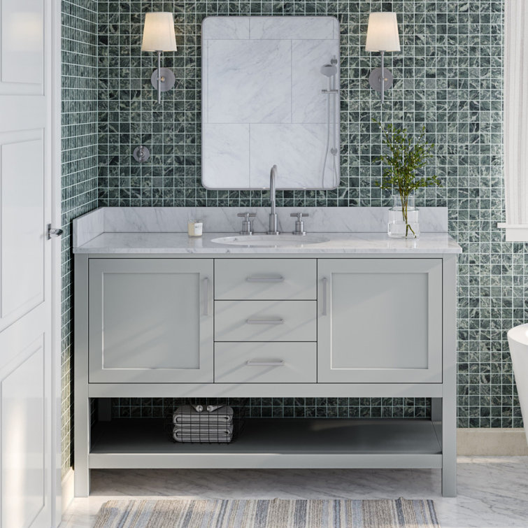Midnight Blue Single Vanity with White Marble Top, 55"