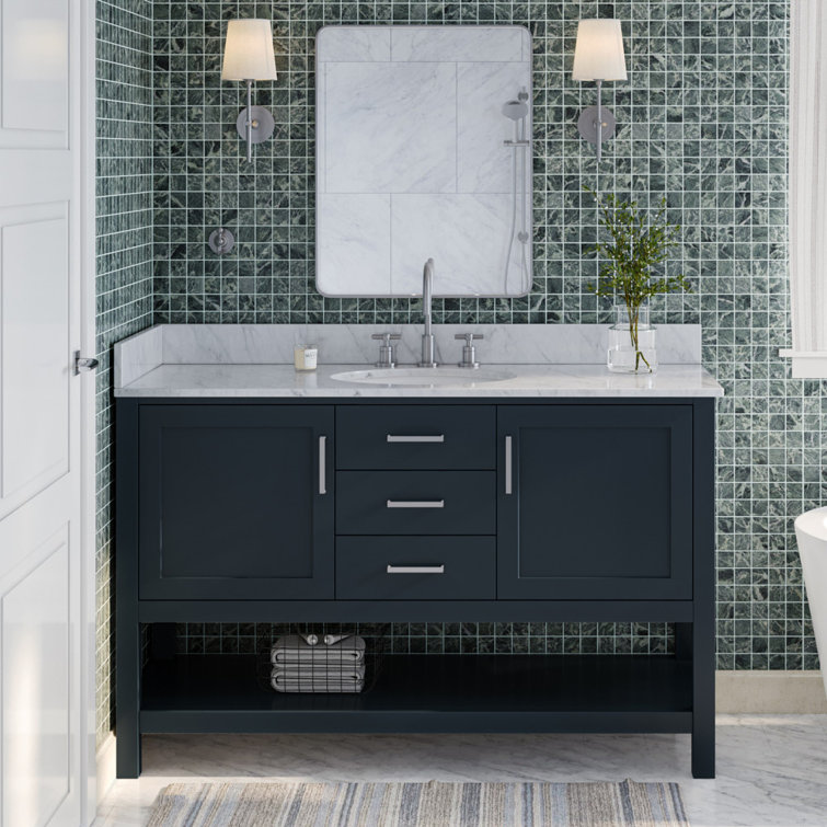 Midnight Blue Single Vanity with White Marble Top, 55"