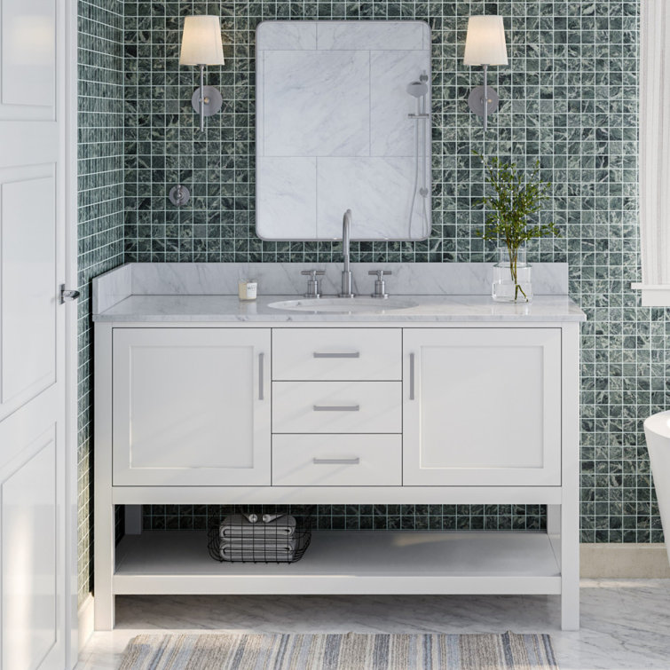 Midnight Blue Single Vanity with White Marble Top, 55"