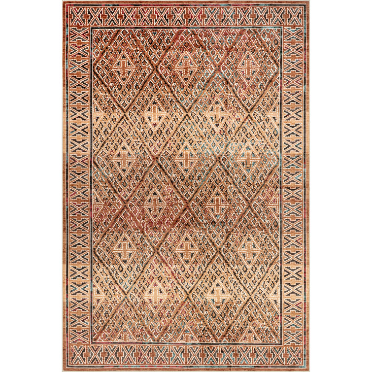 Bagmati Orange Geometric Washable Synthetic Area Rug