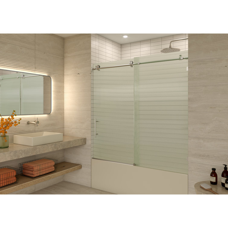 Galaxy 60" Frameless Fluted Glass Sliding Bathtub Door in Brushed Nickel