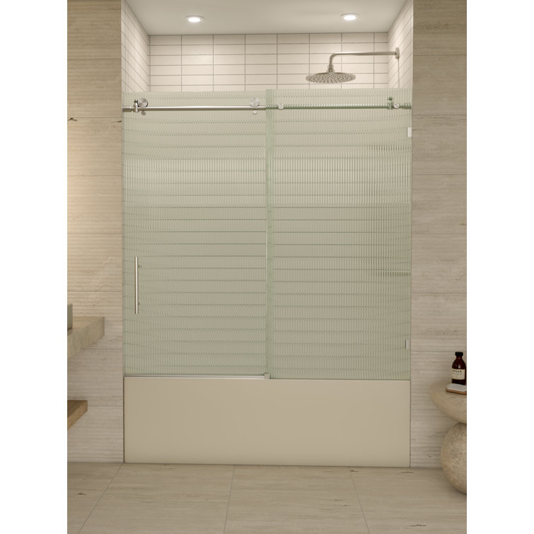 Galaxy 60" Frameless Fluted Glass Sliding Bathtub Door in Brushed Nickel