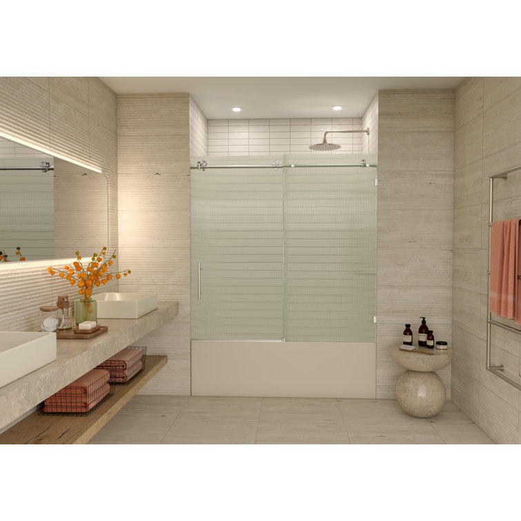 Galaxy 60" Frameless Fluted Glass Sliding Bathtub Door in Brushed Nickel