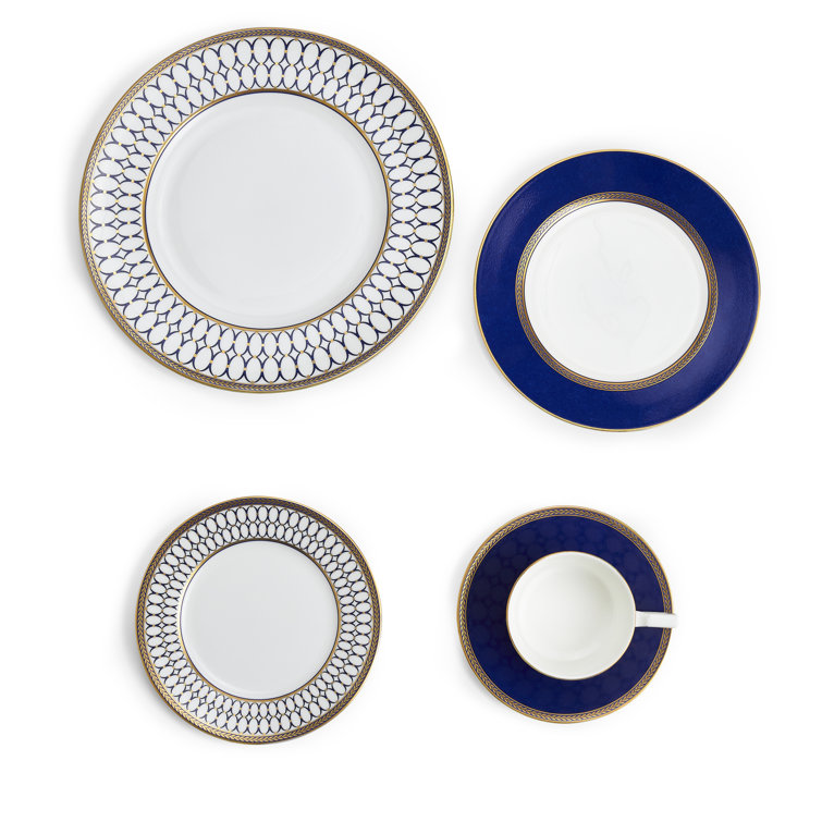 Navy and Gold Geometric Porcelain 5-Piece Place Setting