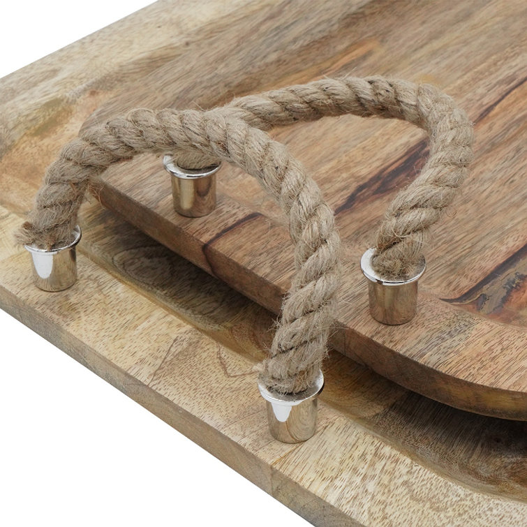 Tabari Natural Mango Wood Trays with Jute Handles - Set of 2