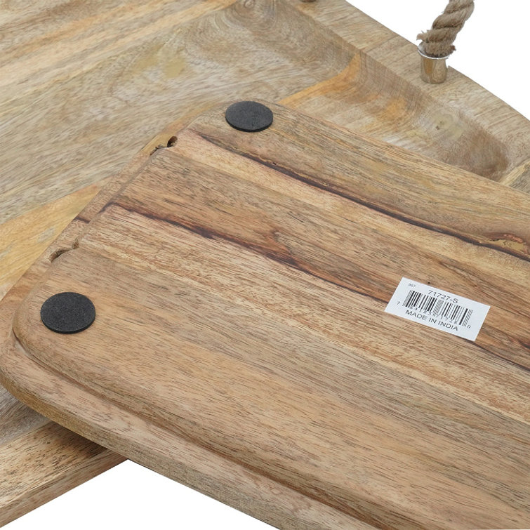 Tabari Natural Mango Wood Trays with Jute Handles - Set of 2