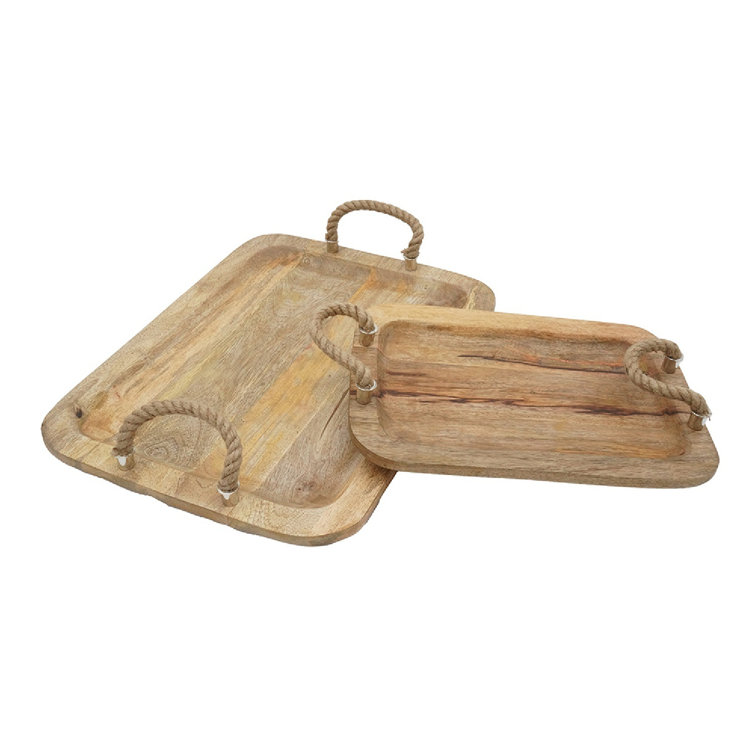 Tabari Natural Mango Wood Trays with Jute Handles - Set of 2