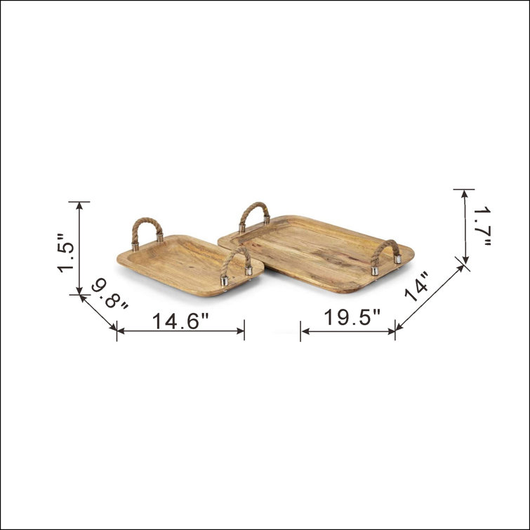 Tabari Natural Mango Wood Trays with Jute Handles - Set of 2