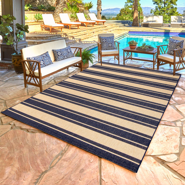 Navy and Beige Striped Synthetic Outdoor Area Rug, 6' x 9'