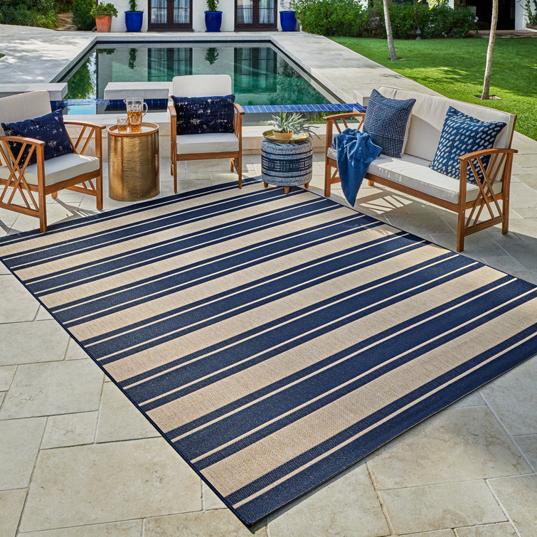 Navy and Beige Striped Synthetic Outdoor Area Rug, 6' x 9'