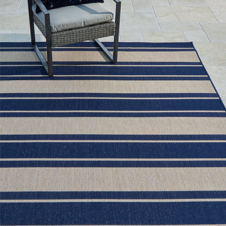 Navy and Beige Striped Synthetic Outdoor Area Rug, 6' x 9'