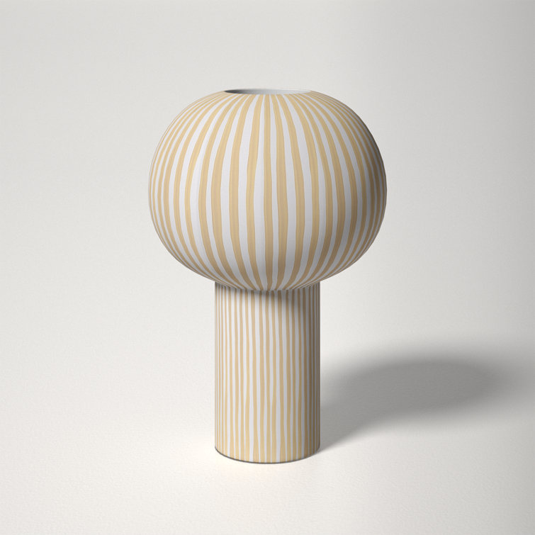White and Taupe Striped Ceramic Cylinder Table Vase
