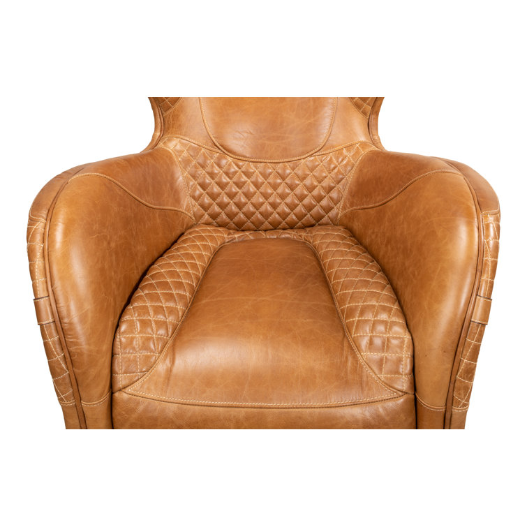 Hera Brown Genuine Leather Tufted Armchair with Solid Wood Legs