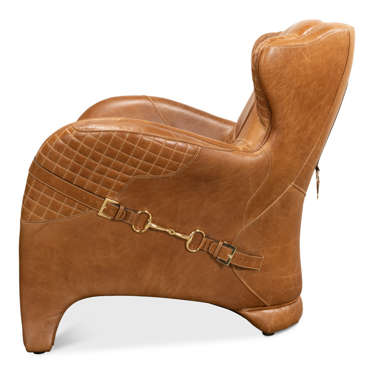 Hera Brown Genuine Leather Tufted Armchair with Solid Wood Legs