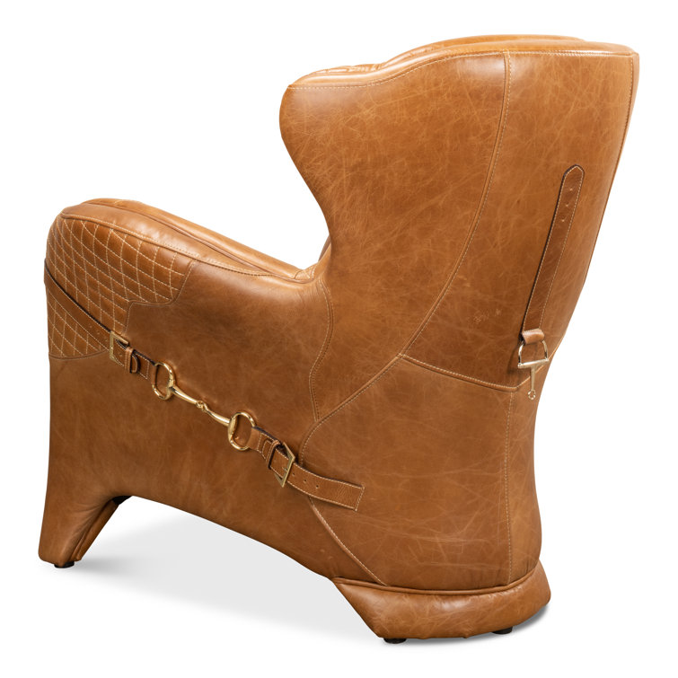 Hera Brown Genuine Leather Tufted Armchair with Solid Wood Legs