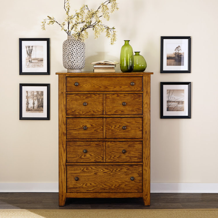 Aged Oak Traditional 5-Drawer Chest with Brass Knobs