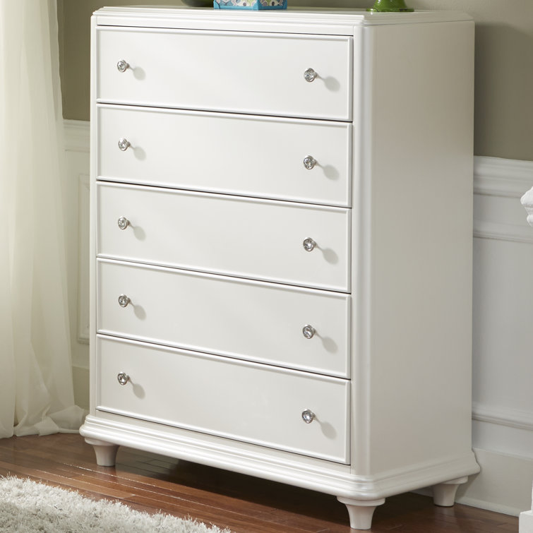 Stardust Iridescent White 5-Drawer Dresser with Crystal Knobs