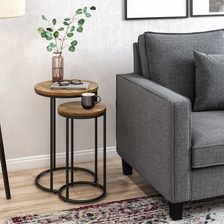 Fort Worth Natural Wood and Black Metal Round Nesting Side Tables
