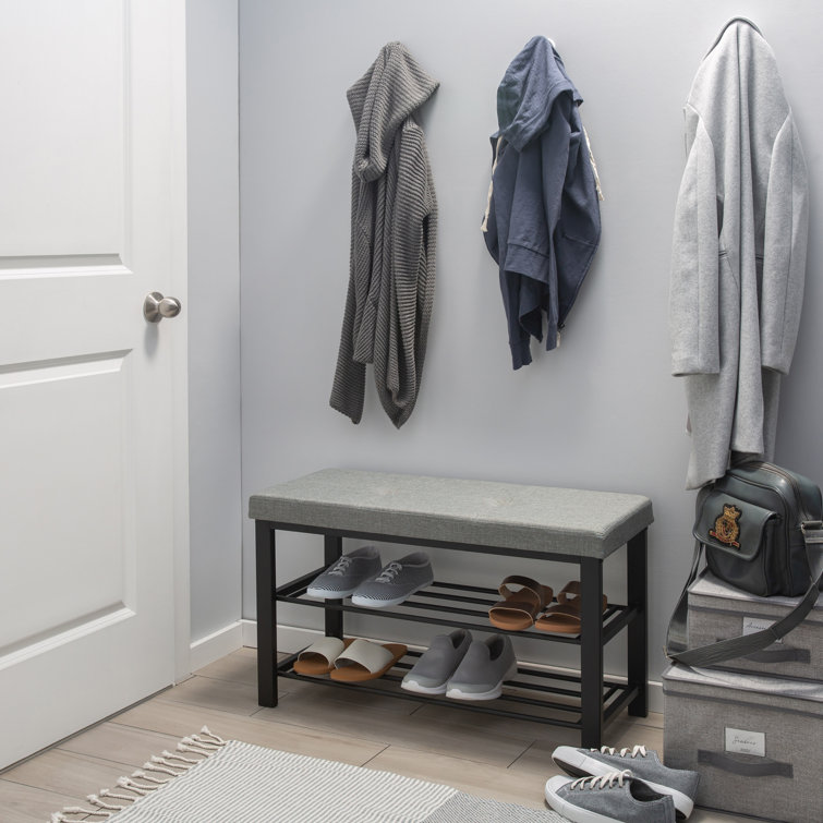 Gray Metal Upholstered Storage Bench with Shoe Rack