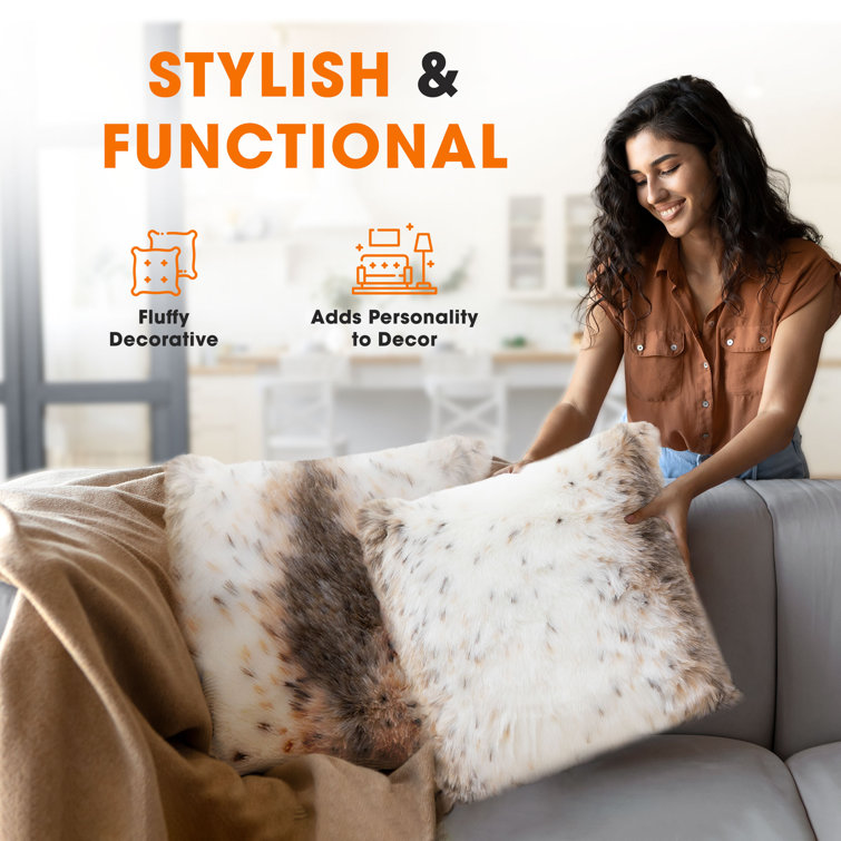 Set of 2 White and Brown Faux Fur Animal Print Throw Pillows