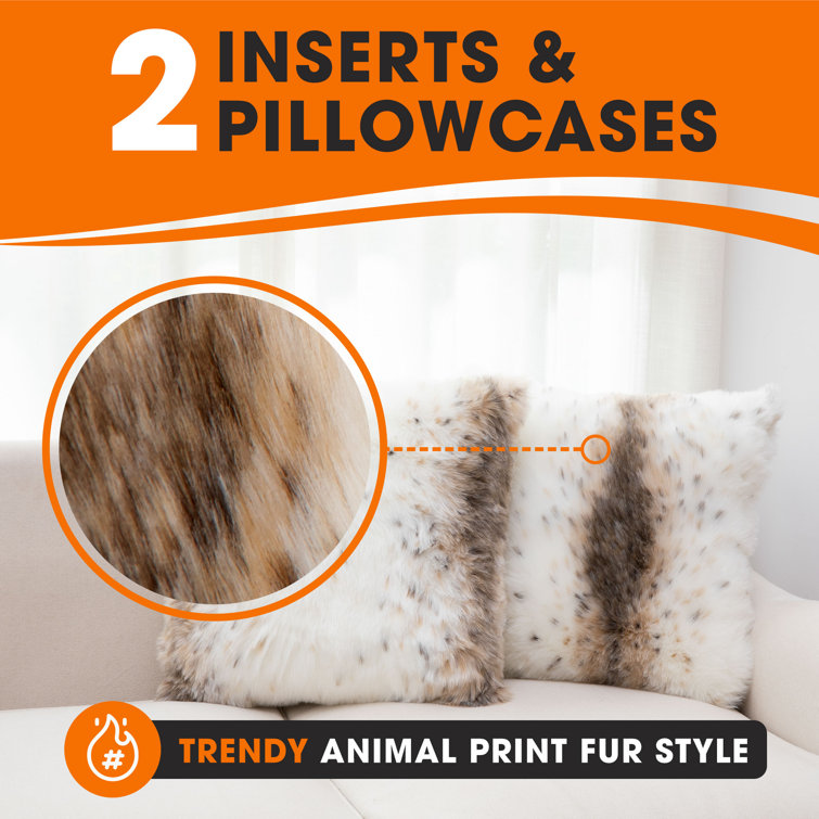 Set of 2 White and Brown Faux Fur Animal Print Throw Pillows
