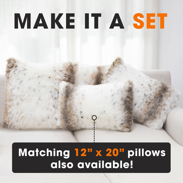 Set of 2 White and Brown Faux Fur Animal Print Throw Pillows