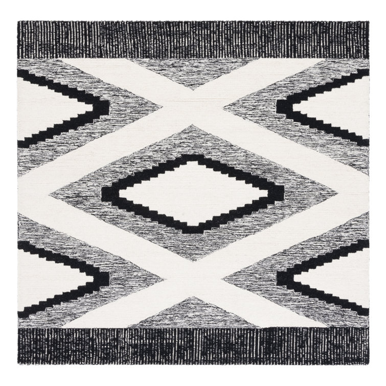 Handmade Black and White Wool Tufted Square Rug