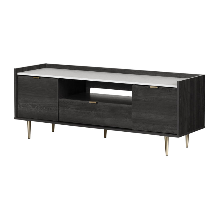Gray Oak and Faux Carrara Marble TV Stand with Storage Cabinets