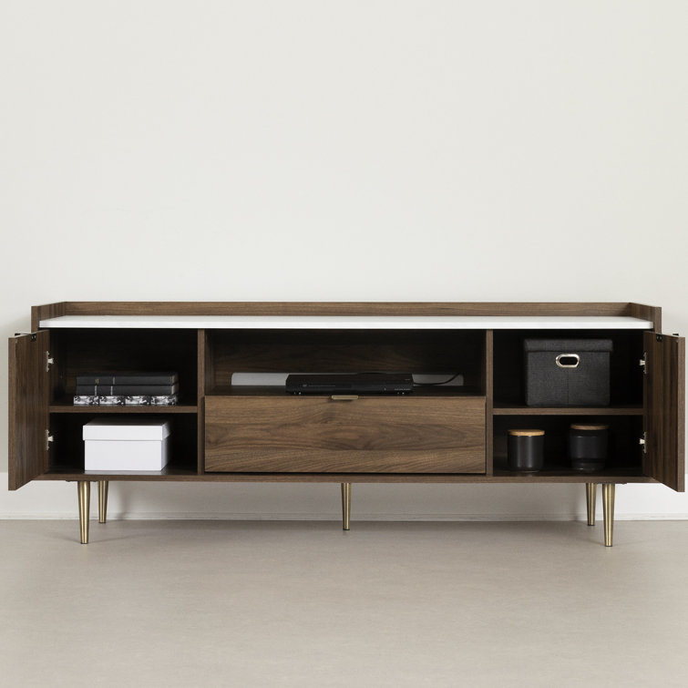 Natural Walnut and Faux Carrara Marble TV Stand with Cabinet