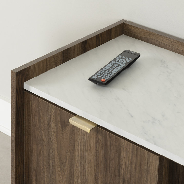 Natural Walnut and Faux Carrara Marble TV Stand with Cabinet