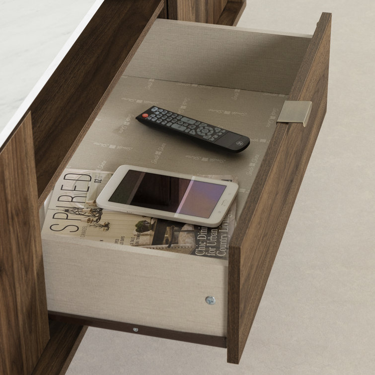 Natural Walnut and Faux Carrara Marble TV Stand with Cabinet