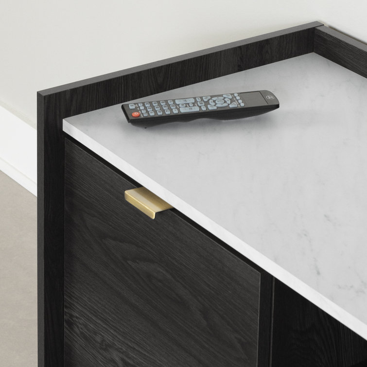 Gray Oak and Faux Carrara Marble TV Stand with Storage Cabinets