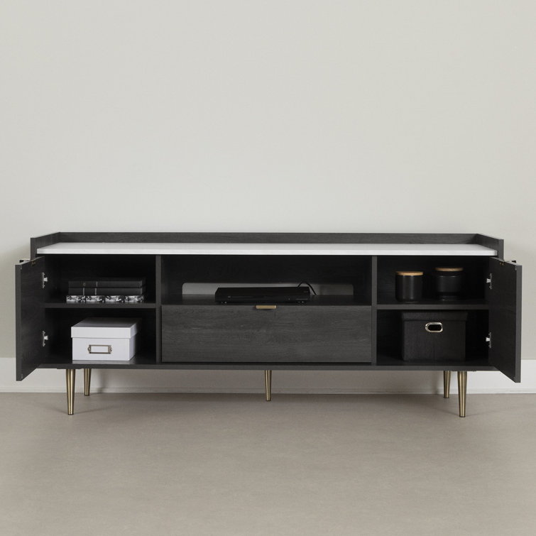 Gray Oak and Faux Carrara Marble TV Stand with Storage Cabinets